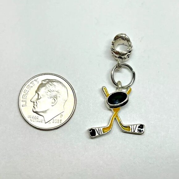 Hockey Sticks & Puck Vintage Charm Dangle for European Bracelet Sport Necklace - Picture 2 of 3